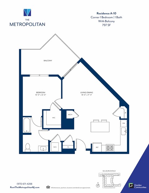 Floor plan for 1 bed, 1 bath, 797 sqft